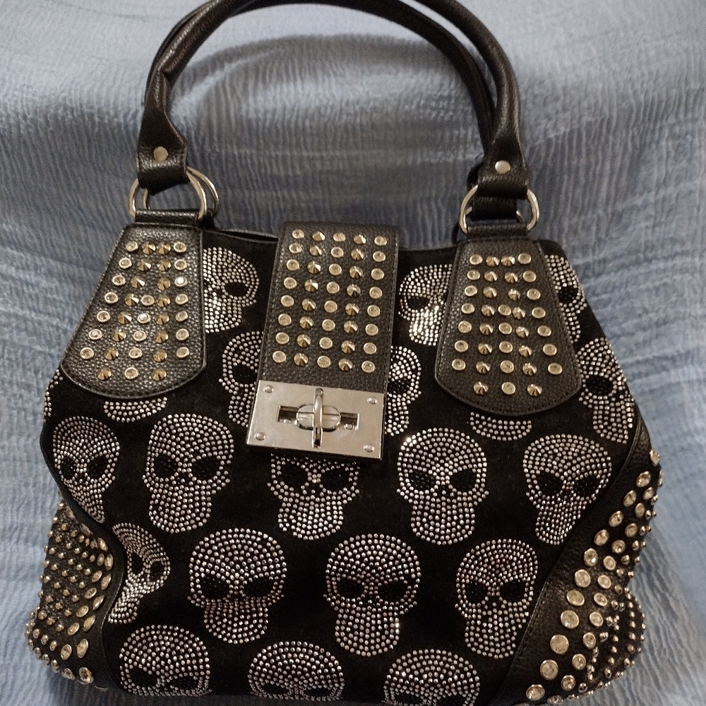 Black Faux Suede & Leather Rhinestone Embellished Skulls Handbag